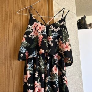 Monteau Black Floral Maxi Dress with Coral and Blue Accents